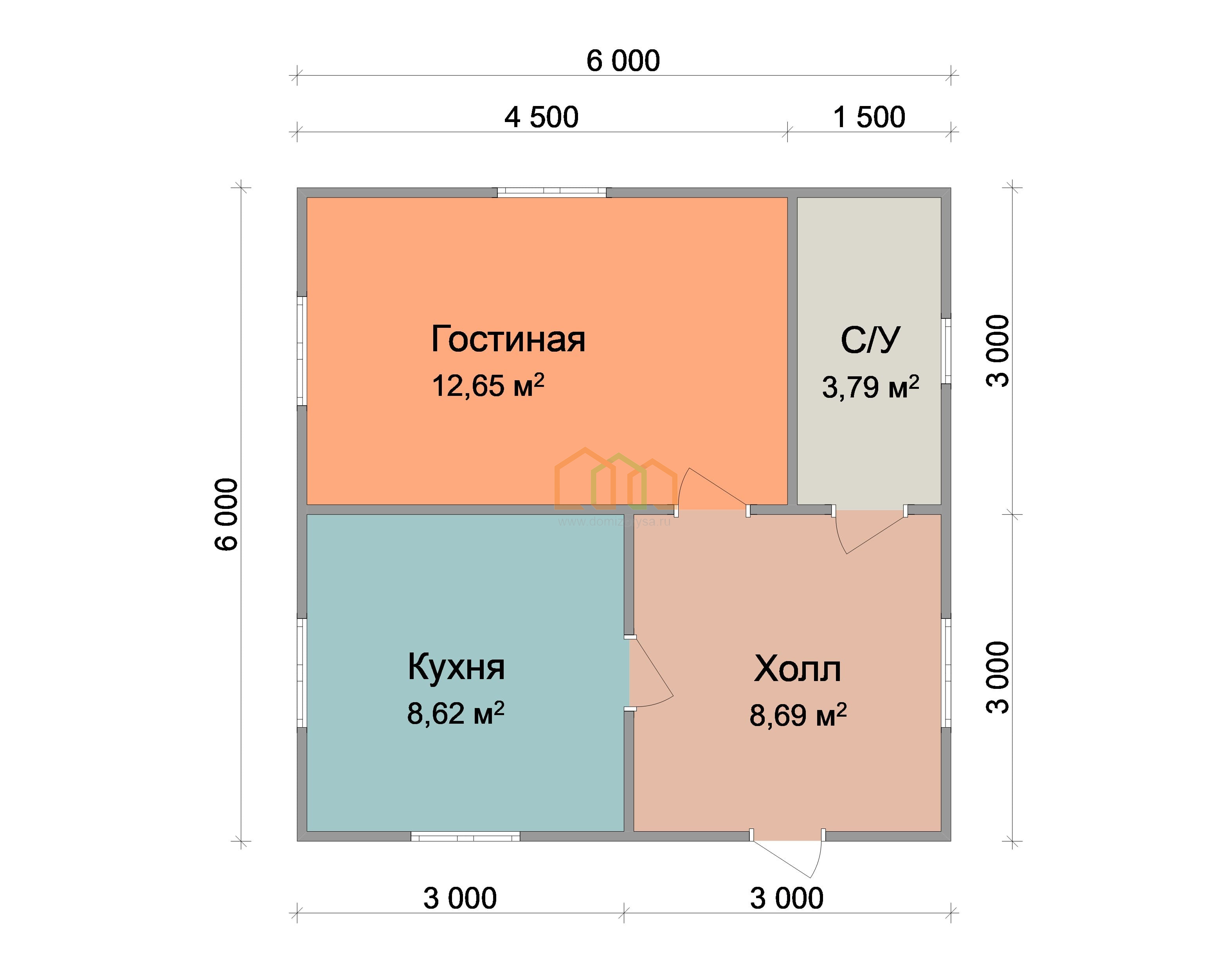 Одноэтажный каркасный дом 6х6 - цена 986500 руб под ключ в Череповце.  Площадь: 36 м²